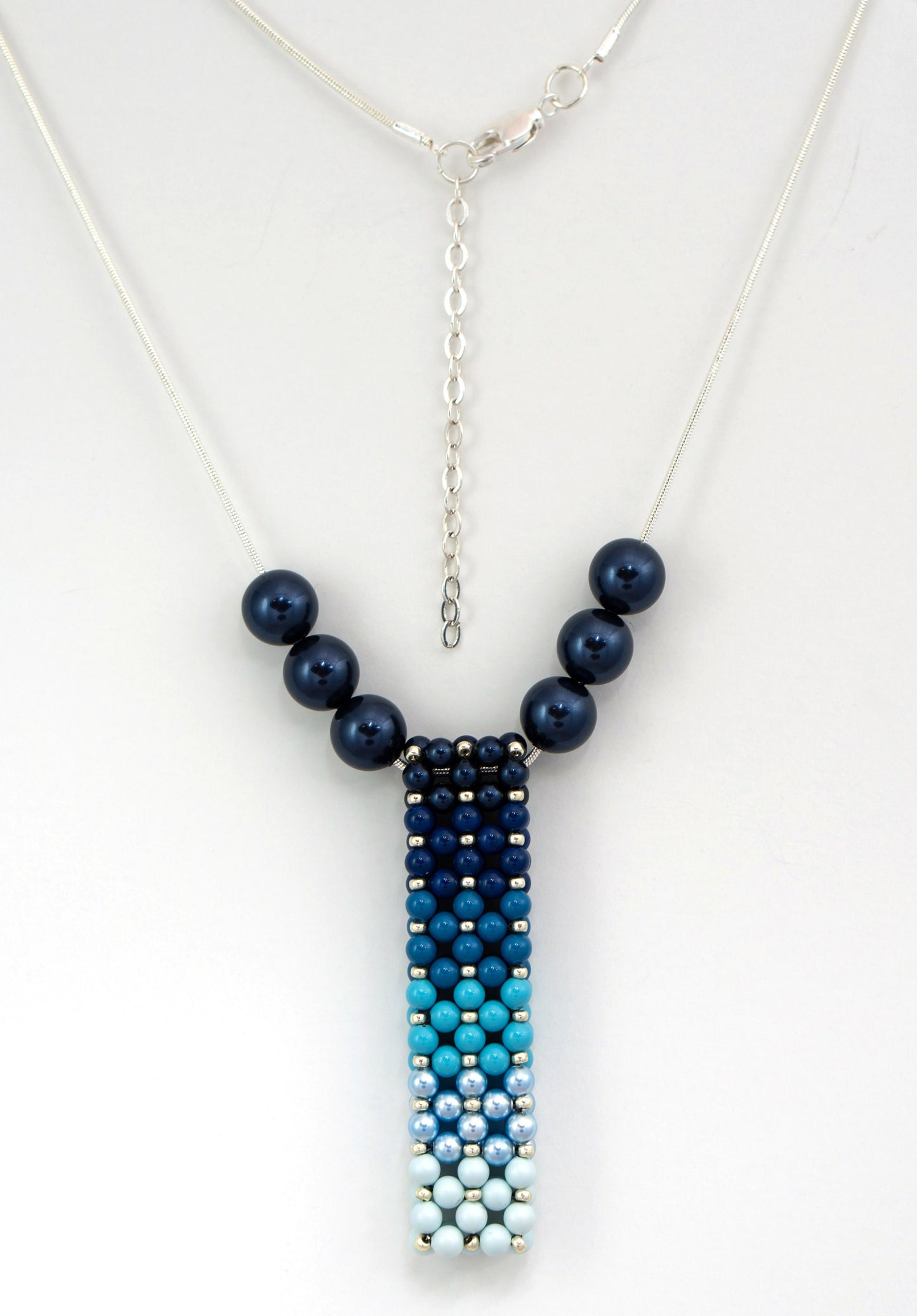 Ombre' Blue Swarovski Pearl Beaded Bar Pendant Necklace