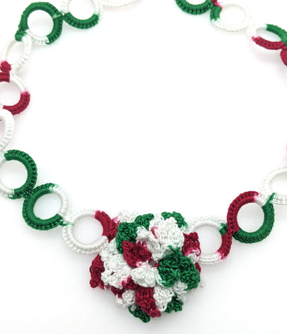 Christmas Crochet Flower Choker Necklace & Bead Crochet Bangle Set