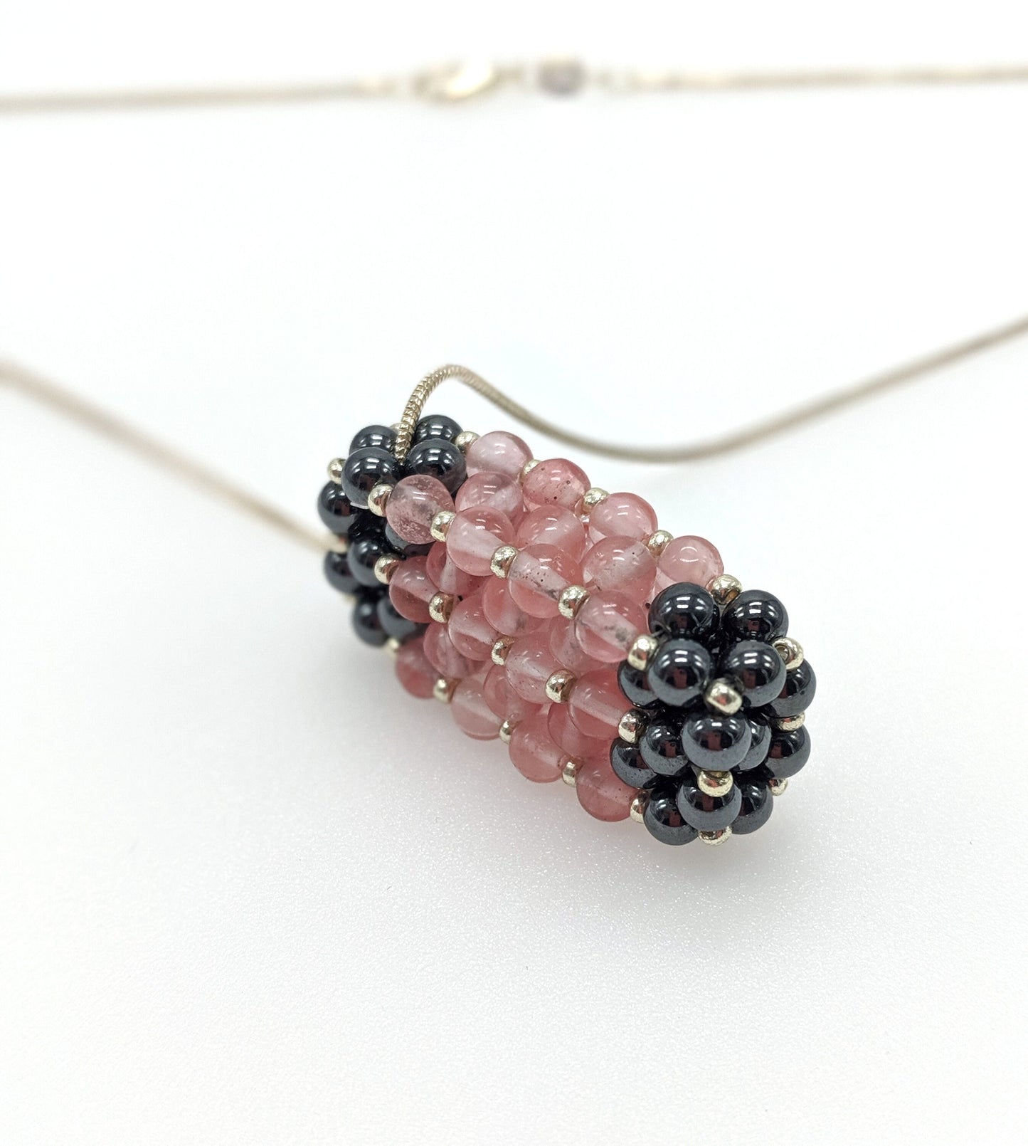 Hematite & Cherry Quartz Beaded Bar Pendant Necklace