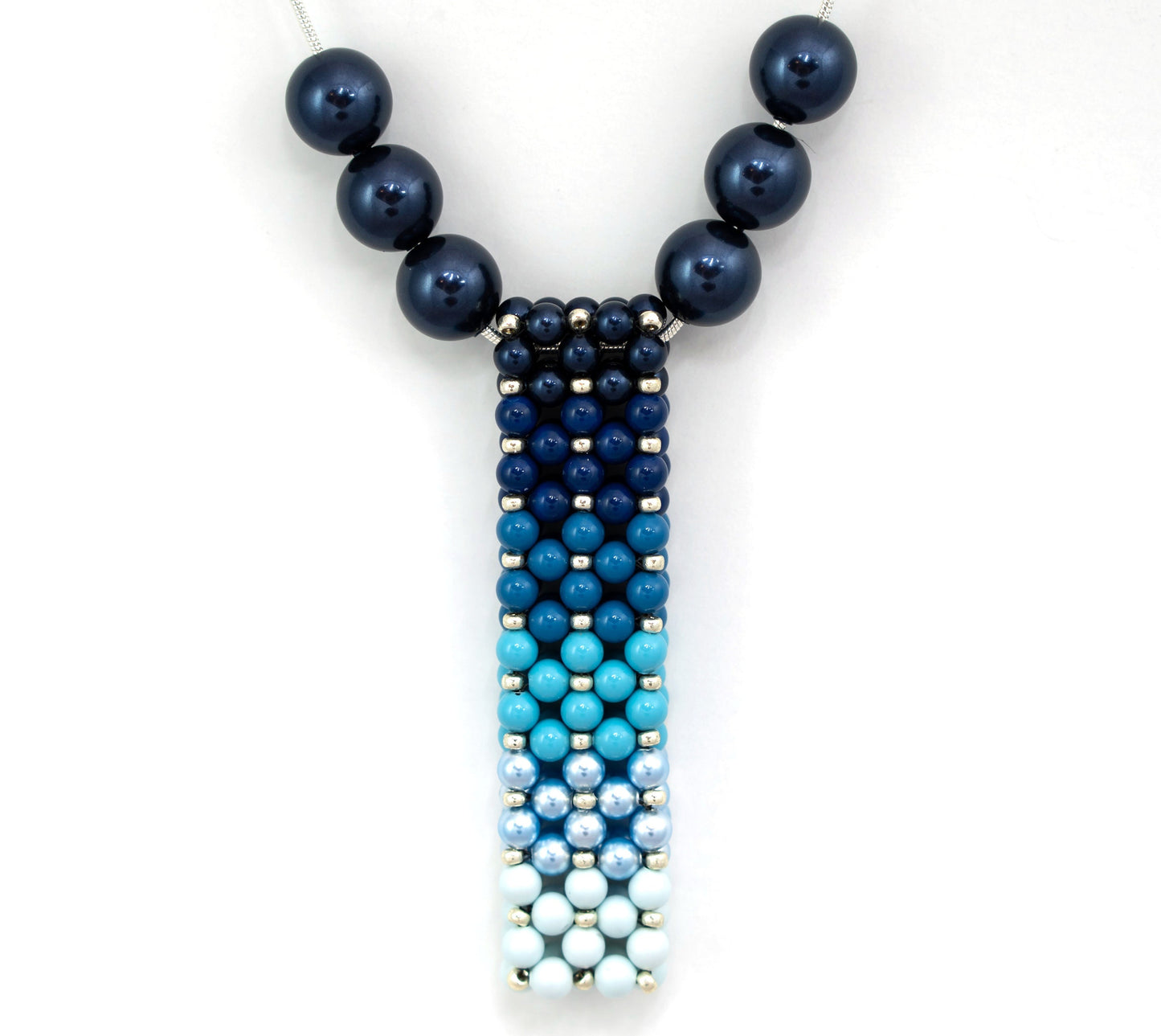 Ombre' Blue Swarovski Pearl Beaded Bar Pendant Necklace