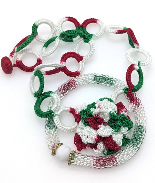 Christmas Crochet Flower Choker Necklace & Bead Crochet Bangle Set