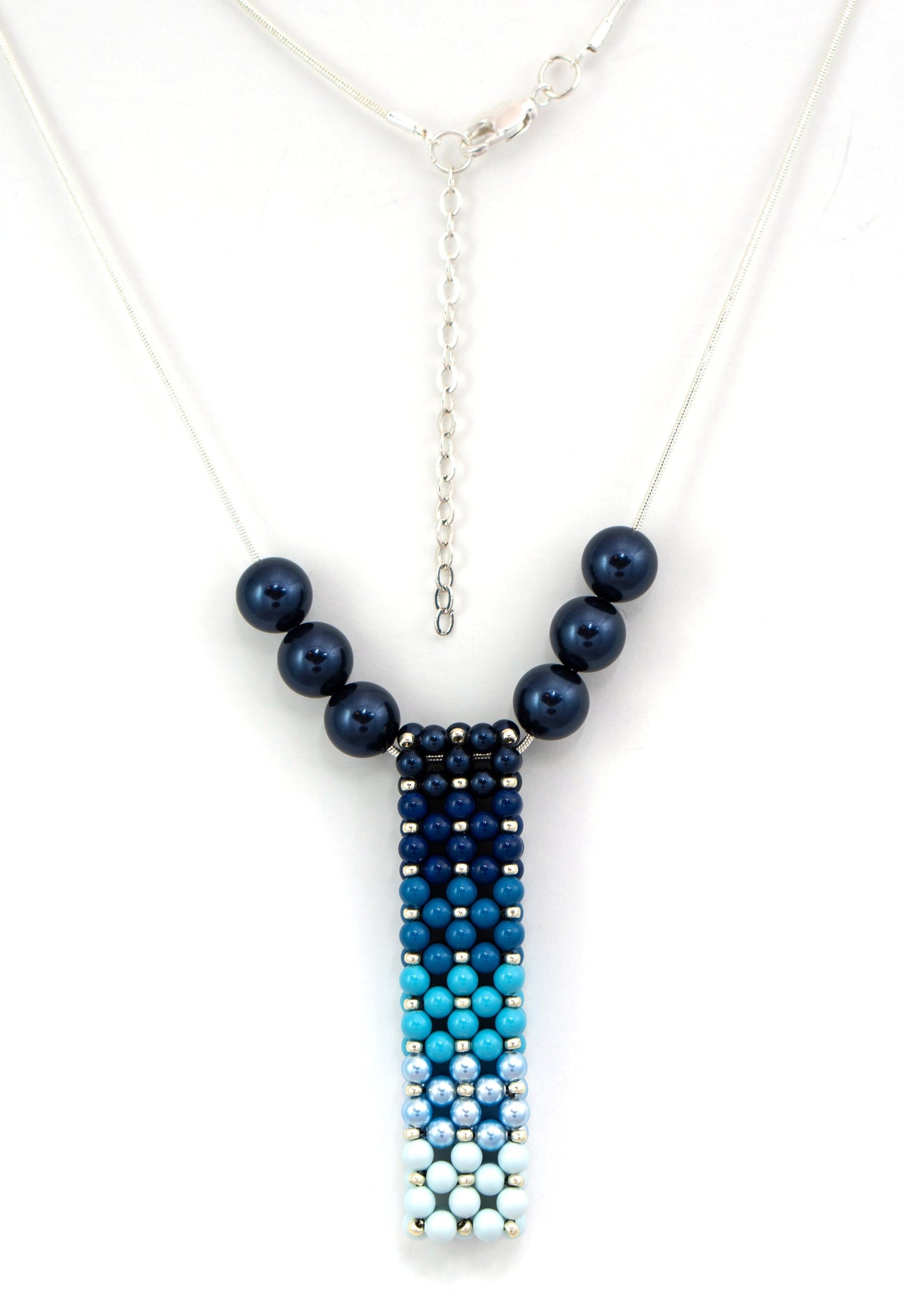 Ombre' Blue Swarovski Pearl Beaded Bar Pendant Necklace