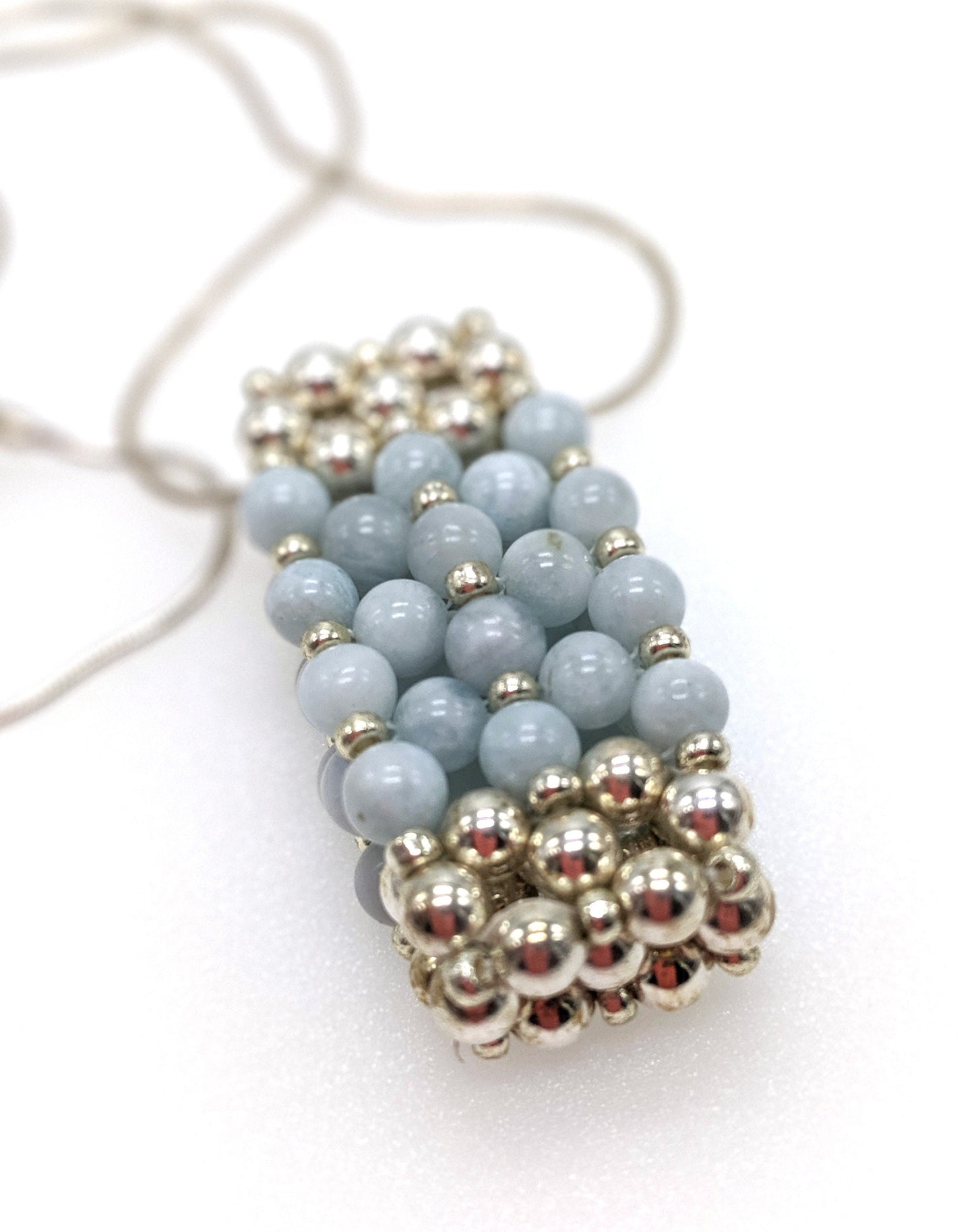 Aquamarine & Sterling Silver Beaded Bar Pendant Necklace on Sterling Silver Chain