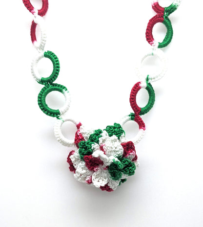 Christmas Crochet Flower Choker Necklace & Bead Crochet Bangle Set