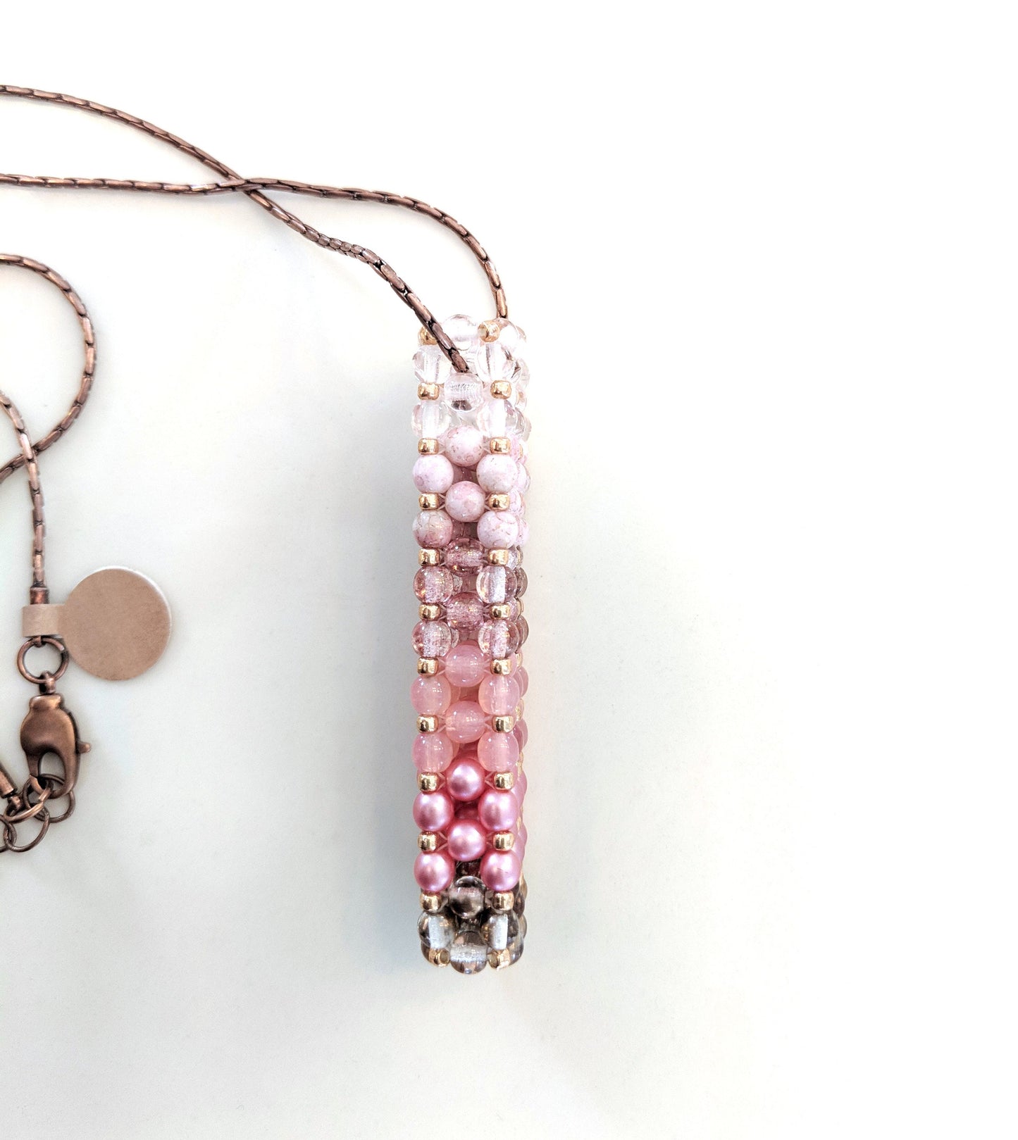 Czech Glass Beaded Ombre Pink Bar Pendant Necklace