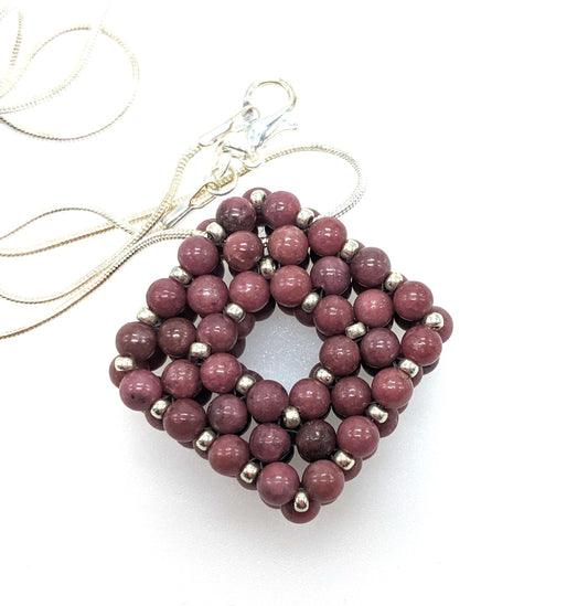 Beaded Lepidolite Square Pendant Necklace