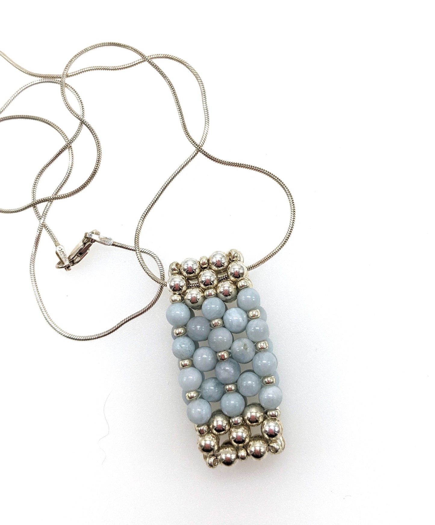 Aquamarine & Sterling Silver Beaded Bar Pendant Necklace on Sterling Silver Chain
