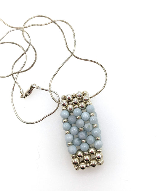 Aquamarine & Sterling Silver Beaded Bar Pendant Necklace on Sterling Silver Chain