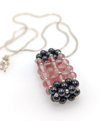 Hematite & Cherry Quartz Beaded Bar Pendant Necklace