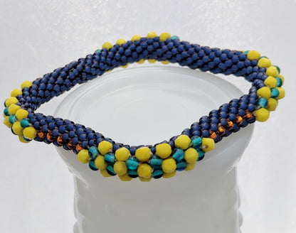Beachy Blue Square Bead Crochet Bangle