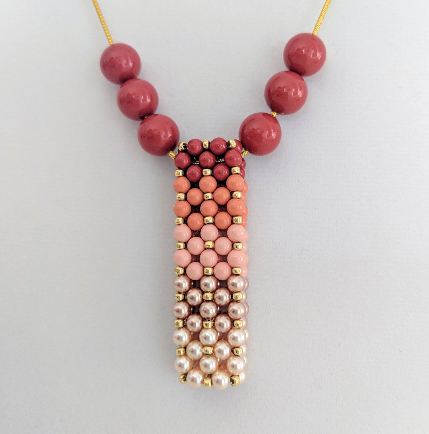 Ombre' Coral Swarovski Pearl Beaded Bar Pendant Necklace