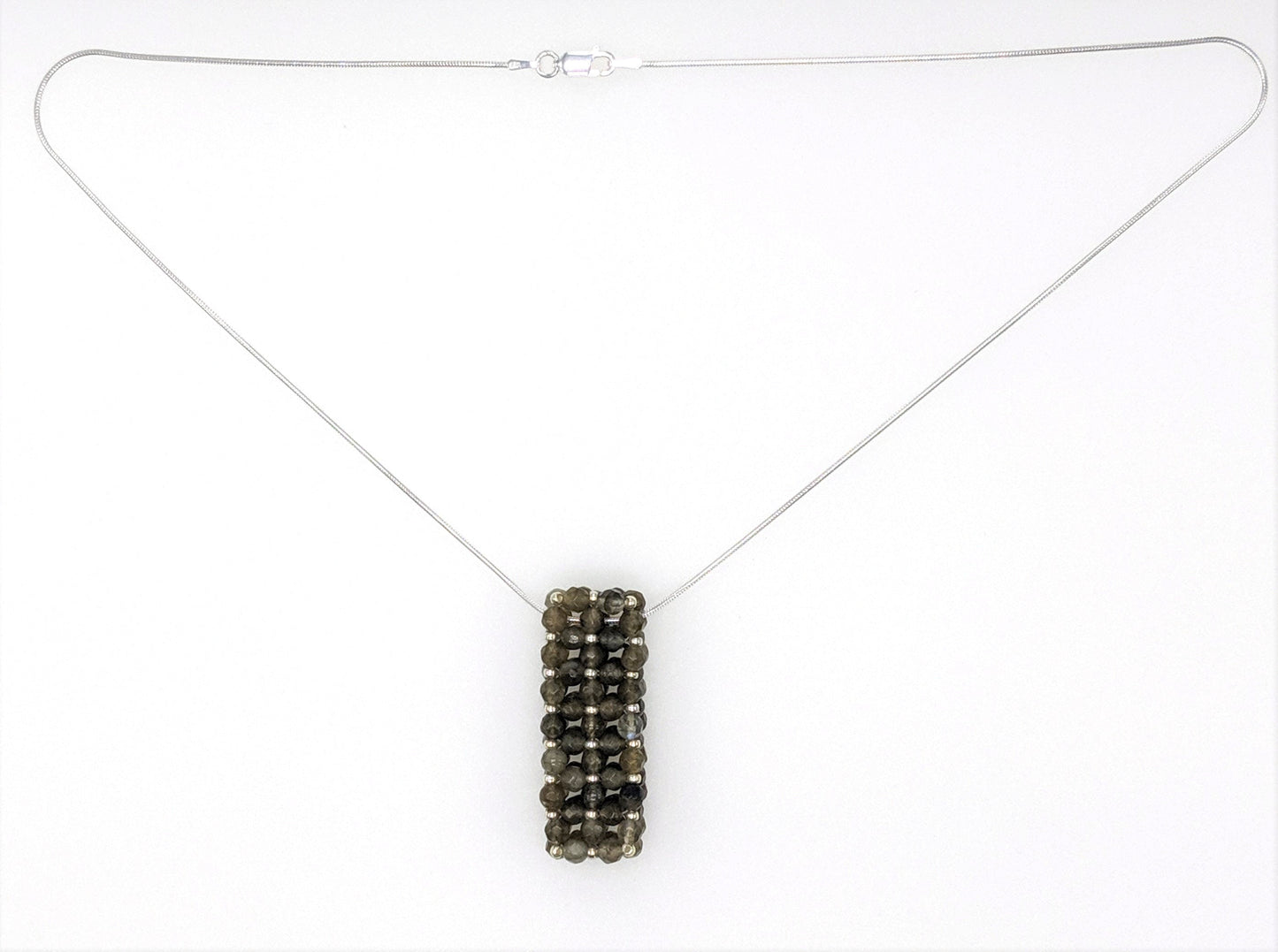 Labradorite Beaded Bar Pendant Necklace on Sterling Silver Chain