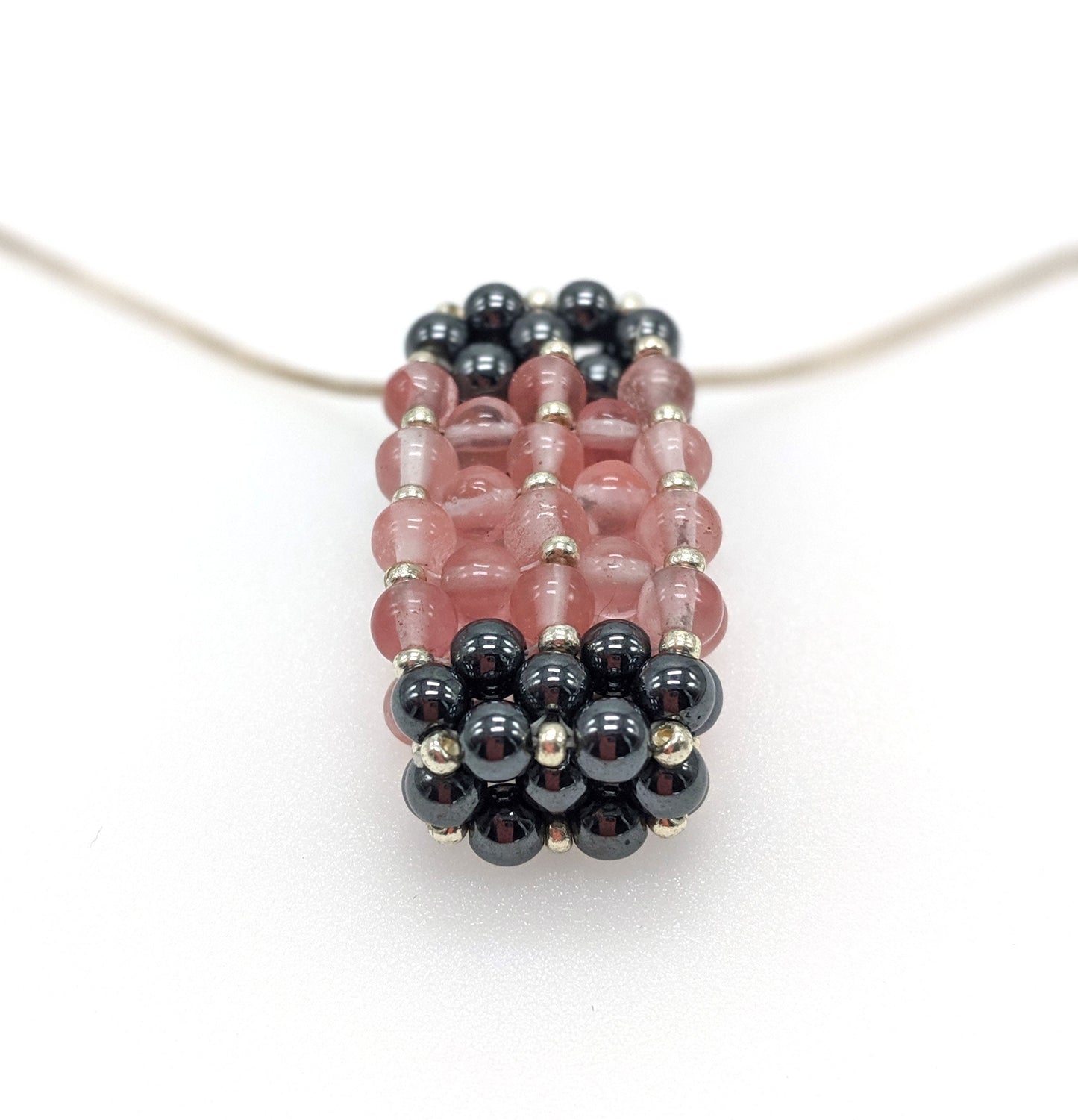 Hematite & Cherry Quartz Beaded Bar Pendant Necklace