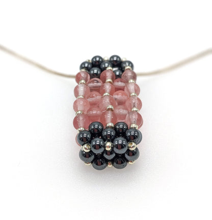 Hematite & Cherry Quartz Beaded Bar Pendant Necklace