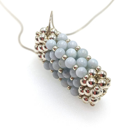 Aquamarine & Sterling Silver Beaded Bar Pendant Necklace on Sterling Silver Chain