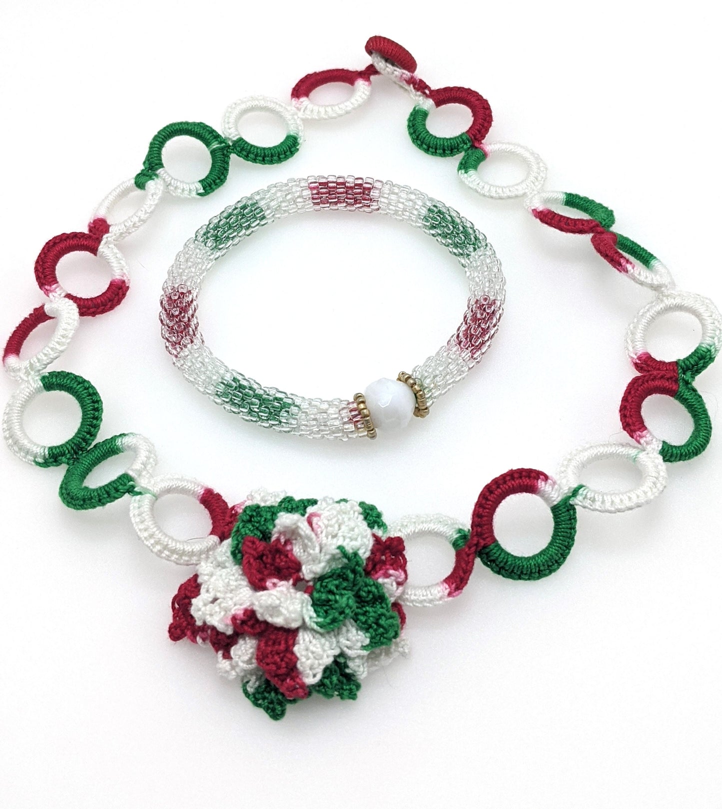 Christmas Crochet Flower Choker Necklace & Bead Crochet Bangle Set