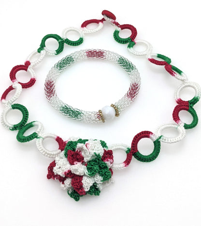 Christmas Crochet Flower Choker Necklace & Bead Crochet Bangle Set