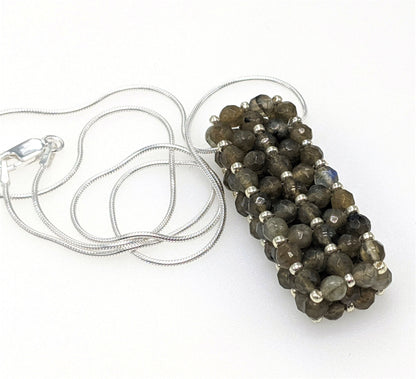 Labradorite Beaded Bar Pendant Necklace on Sterling Silver Chain