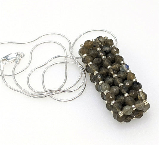 Labradorite Beaded Bar Pendant Necklace on Sterling Silver Chain