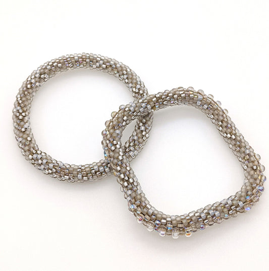 Gold Round and Square Bead Crochet Bangle Set/Stackable Bracelets