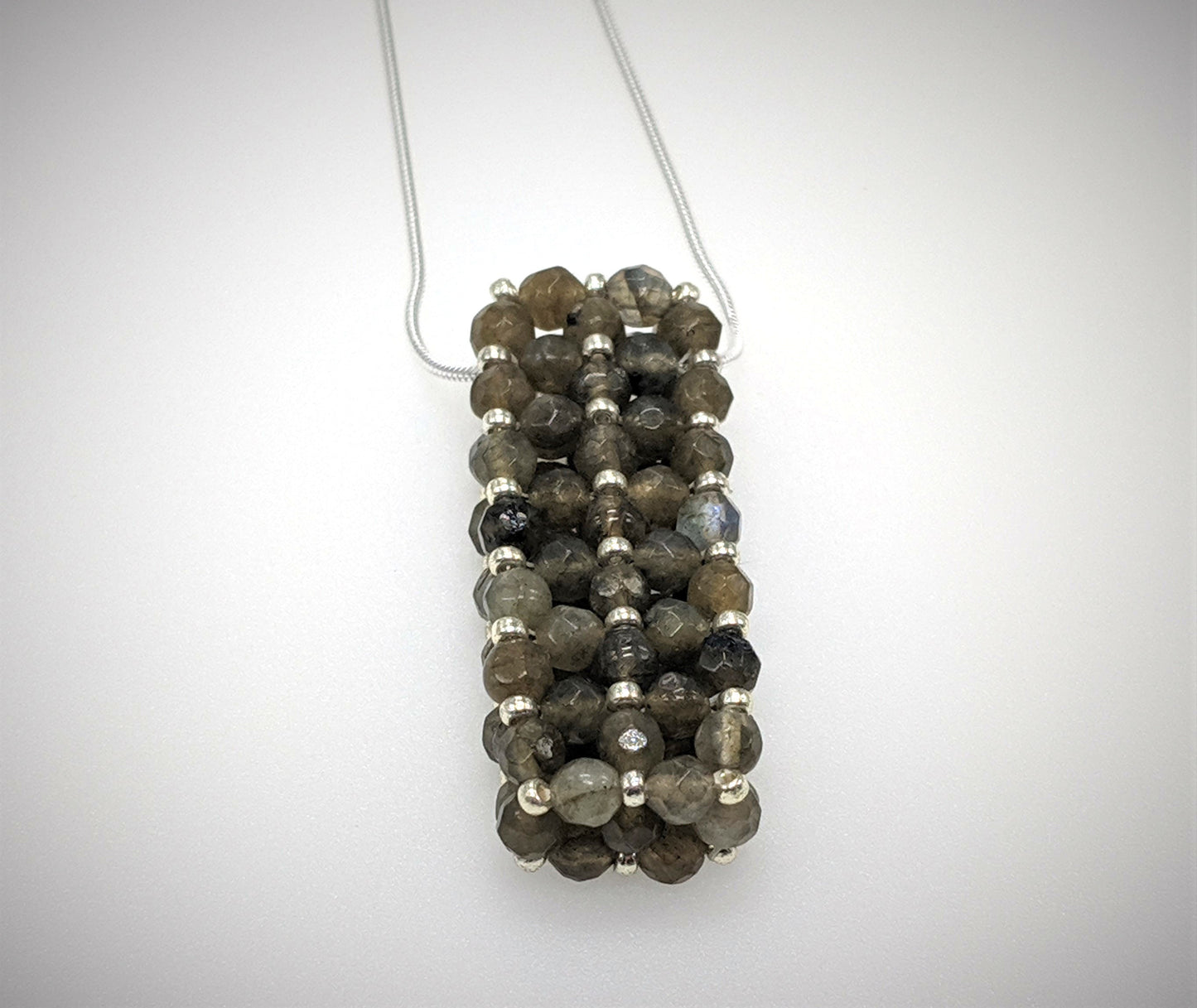 Labradorite Beaded Bar Pendant Necklace on Sterling Silver Chain
