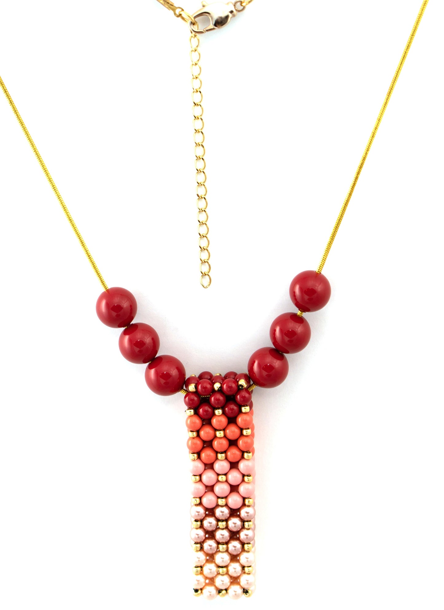 Ombre' Coral Swarovski Pearl Beaded Bar Pendant Necklace