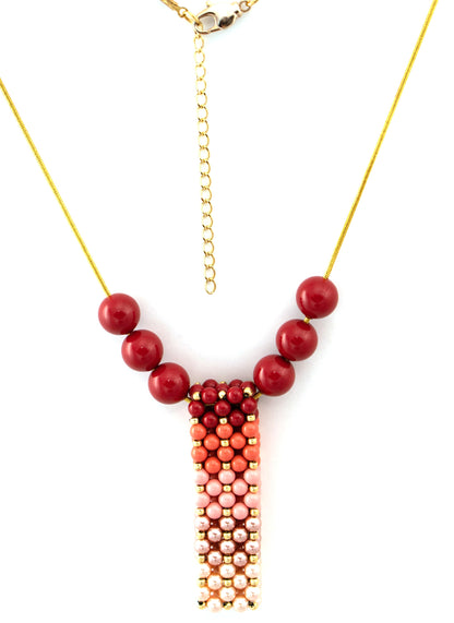 Ombre' Coral Swarovski Pearl Beaded Bar Pendant Necklace
